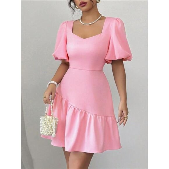 Ruffled Hem Puff Sleeve Mini Dress - Picture 1 of 6